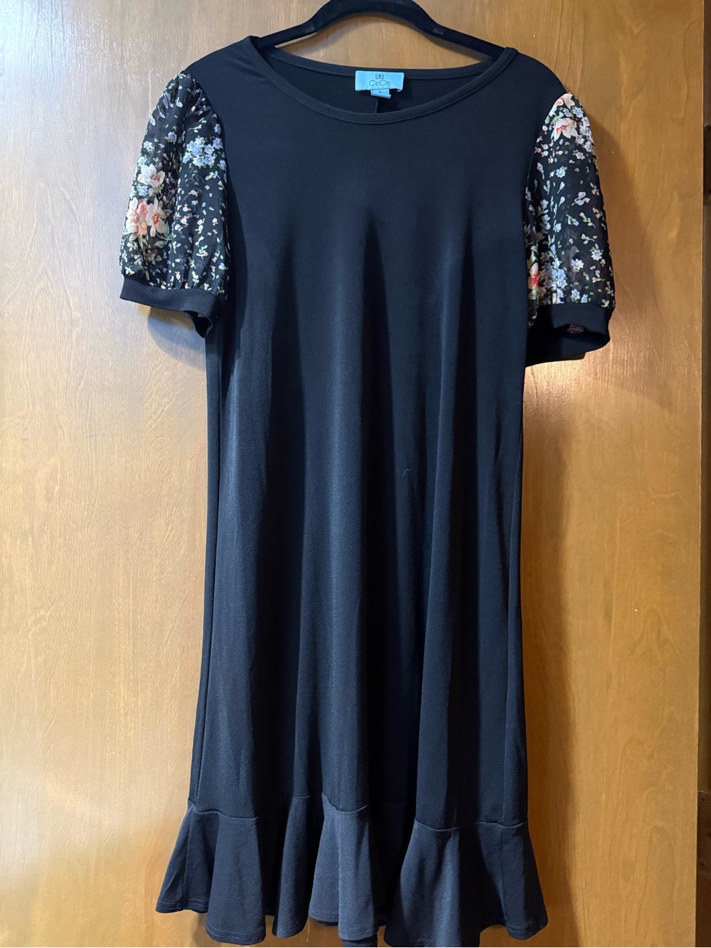 CeCe Cute Black Dress with Floral Puff Sleeves